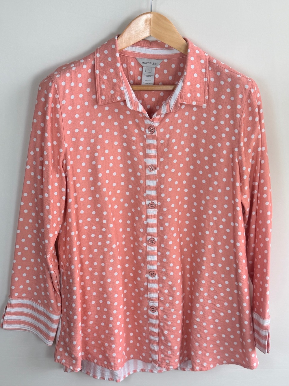Multiples Coral Pink Polka Dot Mixed Stripe Button Blouse Large